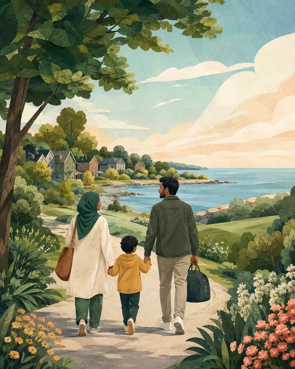 Illustration of a family walking toward their new lakeside community